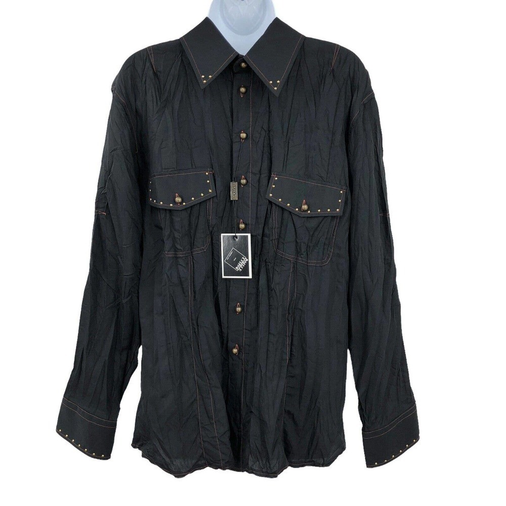 Inserch Men’s Western Crinkle Shirt Size L Black Button Front Beaded Embellished